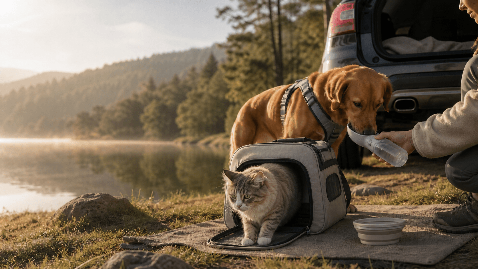 A dog wearing an outdoor harness drinks from a portable pet water bottle while a cat uses an open travel carrier beside a lakeside SUV rest stop