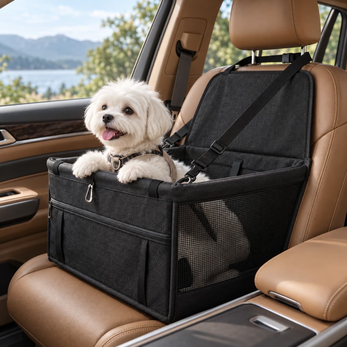 Foldable Dog Car Seat with Mesh Sides and Safety Tether for pet outdoor and travel use